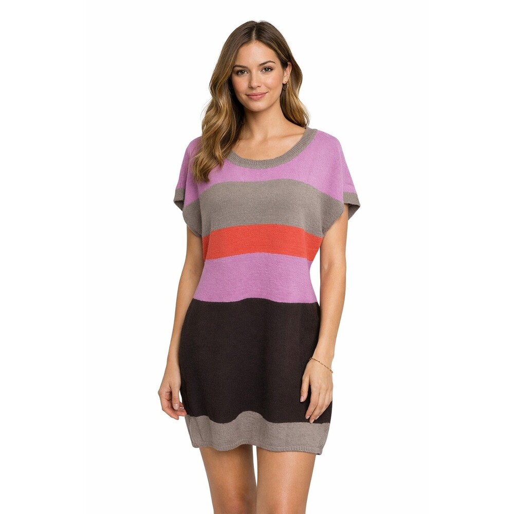 Vertigo Women’s Sweater Dress Size Large Brown Pink Striped Short Sleeve NWT